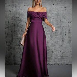 Luxe purple off shoulder formal party evening wedding prom satin dress